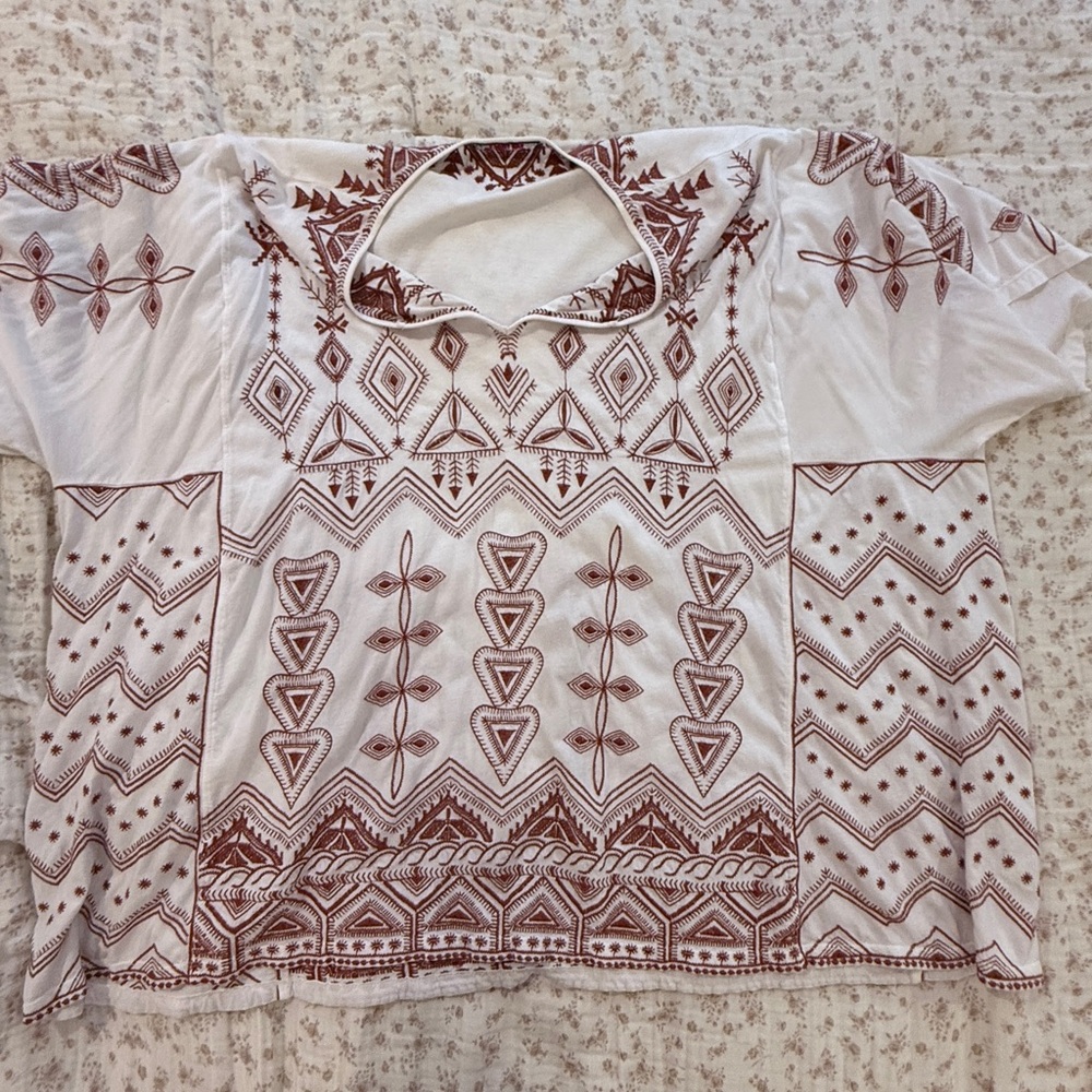 Embroidered Geo-Pattern Cotton Blouse - White with Brown Print